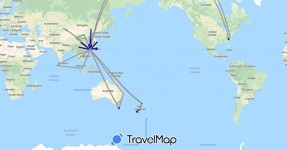TravelMap itinerary: driving, bus, plane, train in Australia, China, Maldives, New Zealand, Singapore, Thailand, Taiwan, United States (Asia, North America, Oceania)